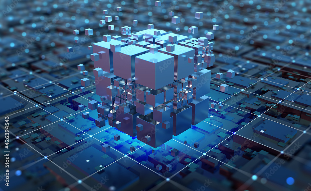 Poster Blockchain in global digital network, quantum computer, nanotechnological circuit, high-tech processor and cybertechnology. 3D illustration of nanostructured data blocks in a secure server