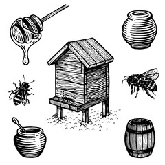 Honey set, drawing. A collection of farm products. - obrazy, fototapety, plakaty