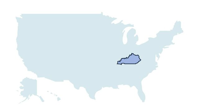 US kentucky state map animation. United states of America country - high detailed motion illustration map. 4k animated video with blinking red and blue highlighted state with alpha matte.