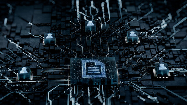 Word document Technology Concept with document symbol on a Microchip. White Neon Data flows between Users and the CPU across a Futuristic Motherboard. 3D render.
