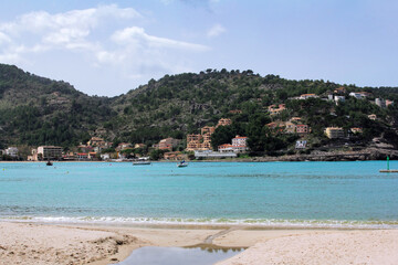 bay of Port de Soller, beautiful harbor town and very popular tourist resort in Mallorca, Spain