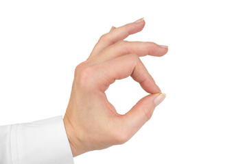 female hand showing OK sign. Isolated on white background.