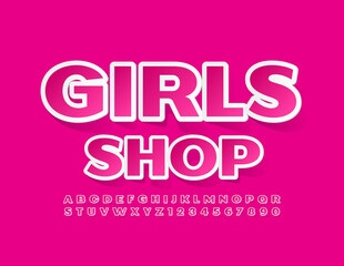 Fototapeta na wymiar Vector cute Emblem Girls Shop. Pink sticker Font. Artistic Alphabet Letters and Numbers