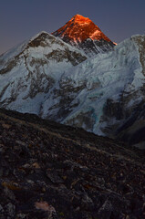 Alpenglow during twilight on the summit of Mount Everest (8.848m) from the slopes of Kala Patthar,...