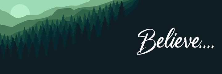 Fototapeta premium Vector flat design of sunrise over forest and mountain good for desktop wallpaper, web banner, and apps background