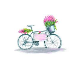 Watercolor bicycle with tulips. Summer. A vintage turquoise bike mockup with flowers. A greeting card. Birthday.