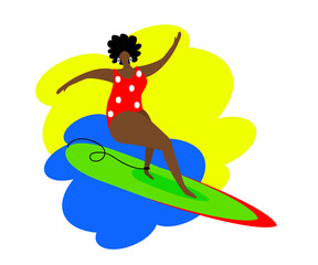 Happy woman stands on a surfboard. Cartoon. Vector illustration.