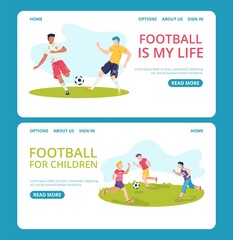 Football competition, soccer sport, web page design set, vector illustration. Team player people character play game, activity with ball