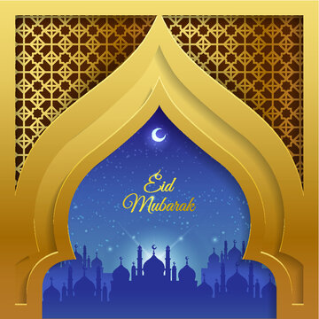 Ramadan Kareem greeting on blurred background with beautiful illuminated Arabic lamp and hand drew calligraphy lettering. Vector illustration.