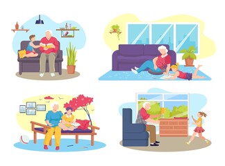 Family at home, vector illustration. Grandparents spend time with kid together, isolated on white set. Flat grandmother grandfather play with girl boy
