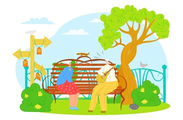 Elderly couple at park, vector illustration. Happy man woman character spend holiday together, senior husband play guitar song for wife.