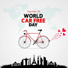 World Car free day. September 22. Cool bicycle. World map white color background. Vector illustration.