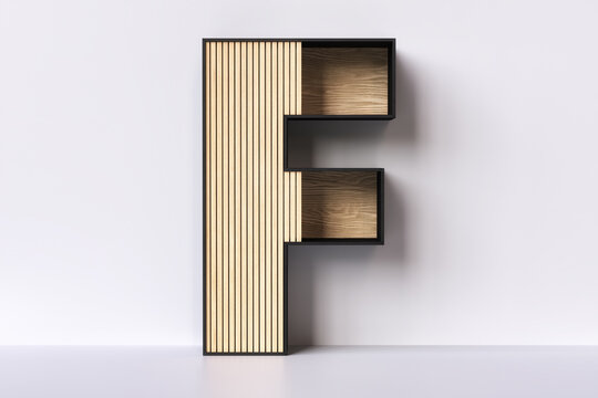 Wood shelving shaped letter F. Design idea for displaying books or small decorative objects. 3D rendering.