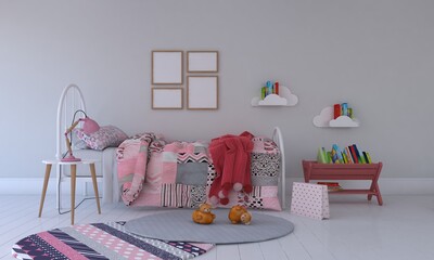 Kids Room, Play house, kids furniture with toy and frame mockup © Microstocke