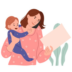 Young mother with baby in her arms working and talking on the phone.Modern woman.Working from home.