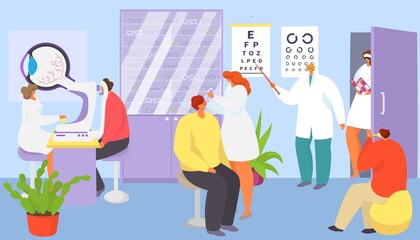Medical ophthalmology care about patient eyes, vector illustration. Ophthalmologist doctor character test man woman vision in hospital.