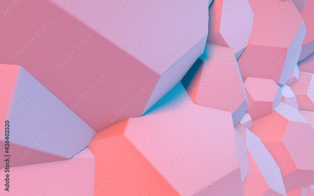 Poster Abstract background with 3D shapes flying in pink and blue light as a messy array or chaotic structure for any pastel backdrop. 3D illustration