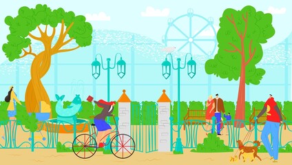 Naklejka premium People at park, outdoor nature, vector illustration. Man woman character walk at summer city, cartoon leisure with bicycle, dog or friends.