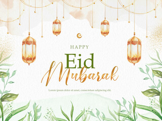 Eid mubarak celebration with tropical leaves and lantern