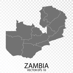 Transparent - High Detailed Grey Map of Zambia. Vector Eps 10.