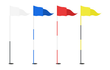 Set of golf flags - white, blue, red, yellow. Triangular flag in the hole. Golf equipment or accessory. Template design for sport competition, banner. Vector illustration