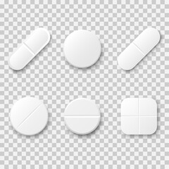 Set of white realistic medical pills isolated on transparent background. Round and oval tablets, painkillers, antibiotics, vitamins and aspirin. Medicine, healthcare, drug concept. Vector illustration