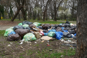 Garbage not picked up in Herastrau Park, Bucharest, Romania.