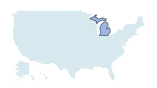 US michigan state map animation. United states of America country - high detailed motion illustration map. 4k animated video with blinking red and blue highlighted state with alpha matte.