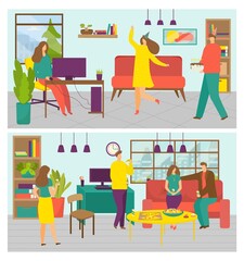 Corporate party, vector illustration. Man woman people character have fun at cartoon celebration, dance at business company holiday.