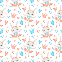 Cute cartoon ballet seamless pattern. Bunny ballerina pattern.