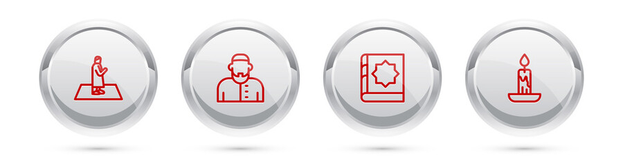 Set line Muslim man prays, , Holy book of Koran and Burning candle. Silver circle button. Vector