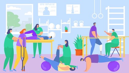 Physiotherapy, medical rehabilitation for patient, vector illustration. Healthcare recovery by physical exercise, therapy in special clinic.