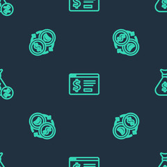 Set line Online banking with dollar, Money exchange and bag on seamless pattern. Vector