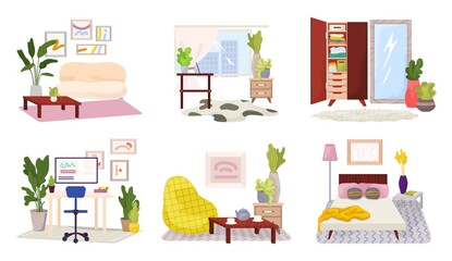 Room interior isolated on white set, vector illustration. Cartoon home furniture, chair, table and lamp, indoor collection. Living room, bedroom