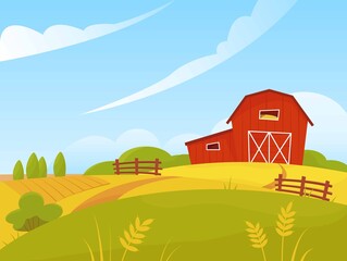 Vector illustration of a beautiful landscape in a modern style. Village. Mill and field of wheat.