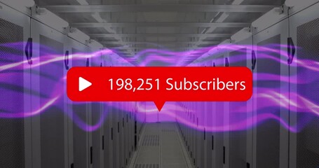 Play icon with increasing subscribers over purple digital waves against empty server room - Powered by Adobe