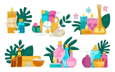 Spa care, beauty treatment, vector illustration. Bottle, cream, oil set collection for body relax, health wellness design. Aromatherapy