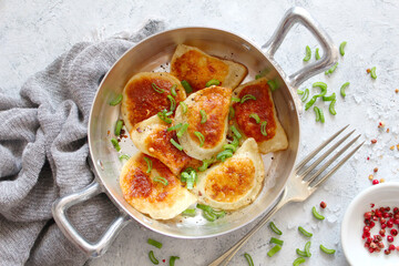 Homemade fried ravioli. Fried polish potato pierogis. Top view with copy space. Vegetarian and vegan food.