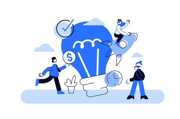 Vector art with lightbulb and positive cartoon characters