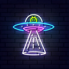 Aliens spaceship neon sign isolated, bright signboard. UFO logo neon, emblem. Vector illustration
