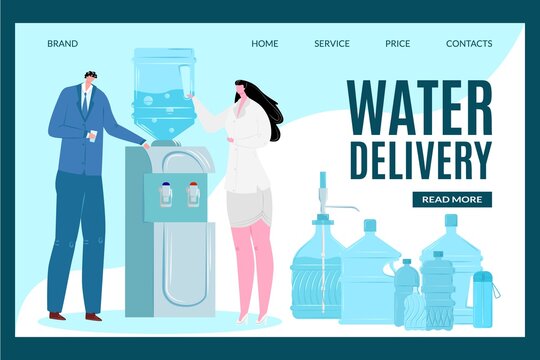 Water delivery for office, landing banner, vector illustration. Plastic bottle with liquid, cooler galon delivery, aqua container.