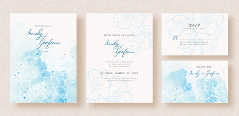 Splash blues watercolor with bloom flowers on wedding invitation