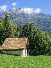 Fototapeta na wymiar stone cabin in switzerland landscape with forest and mountain in background