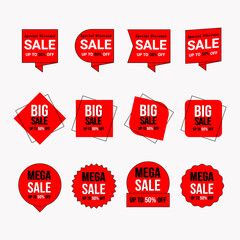 Set of red labels and banner for discount sale and promotion.