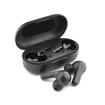 In-ear headphones. Black wireless earphones in-ear with charging case. Wireless earbuds or earphones on white background. 