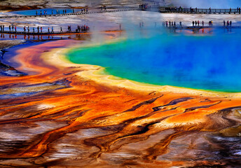 Fototapeta na wymiar Grand Prismatic Spring Yellowstone National Park Tourists Viewing Spectacular Scene