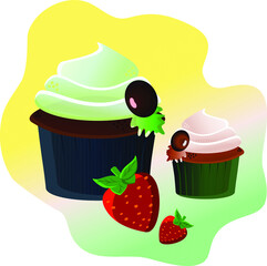 Image of cream cakes with strawberries on a light pink and yellow background