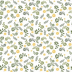 Cute floral pattern with branches and leaves. Motives are scattered randomly. Seamless vector texture. Elegant template for fashion prints. Print with small yellow flowers. White background.