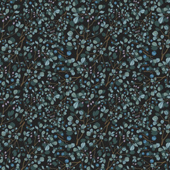 Seamless botanical dark pattern with blueberry sprigs
