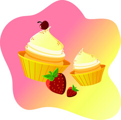 Image of cream cakes with strawberries and cherries on top on a light pink and yellow background